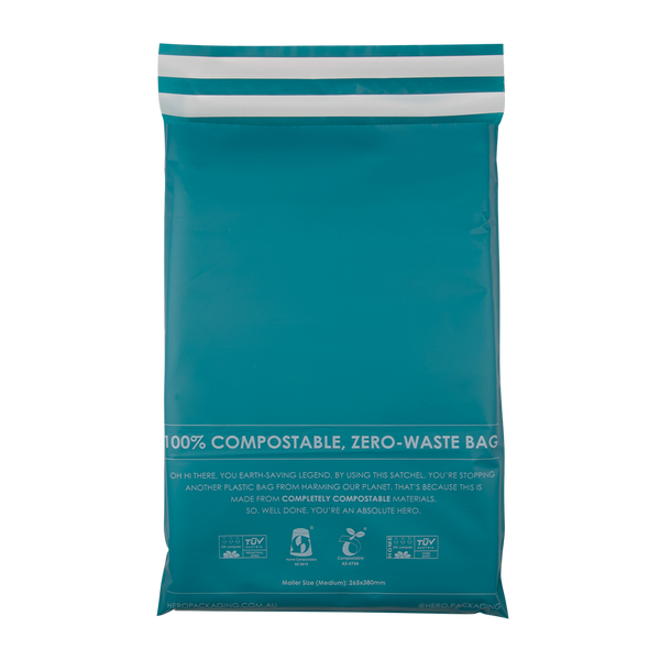 Teal HEROPACK compostable mailers double adhesive strip to reuse